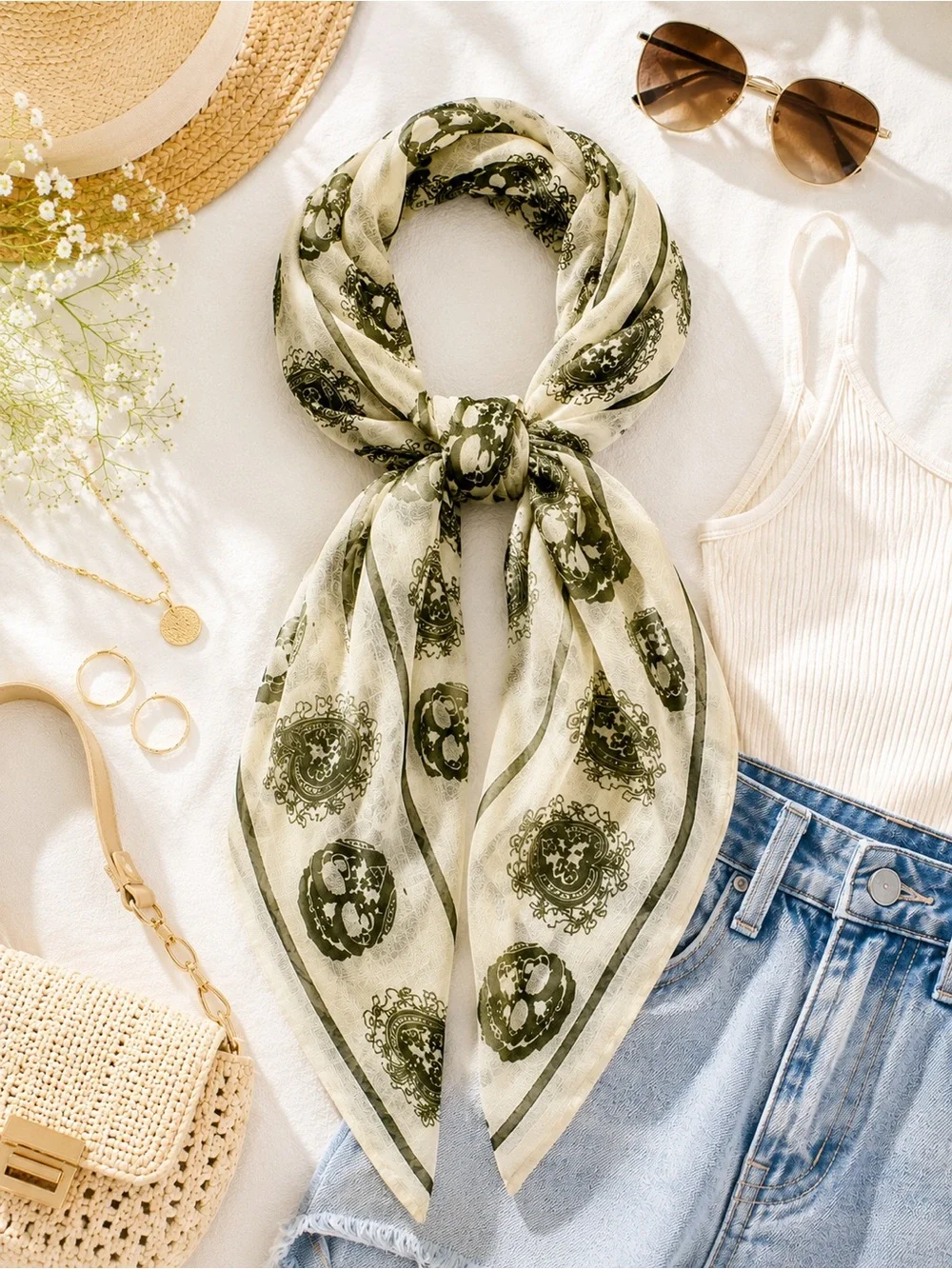 Paisley & Skull Print Lightweight Scarf | Cream & Olive Green | Boho Wrap - Picture 3 of 8